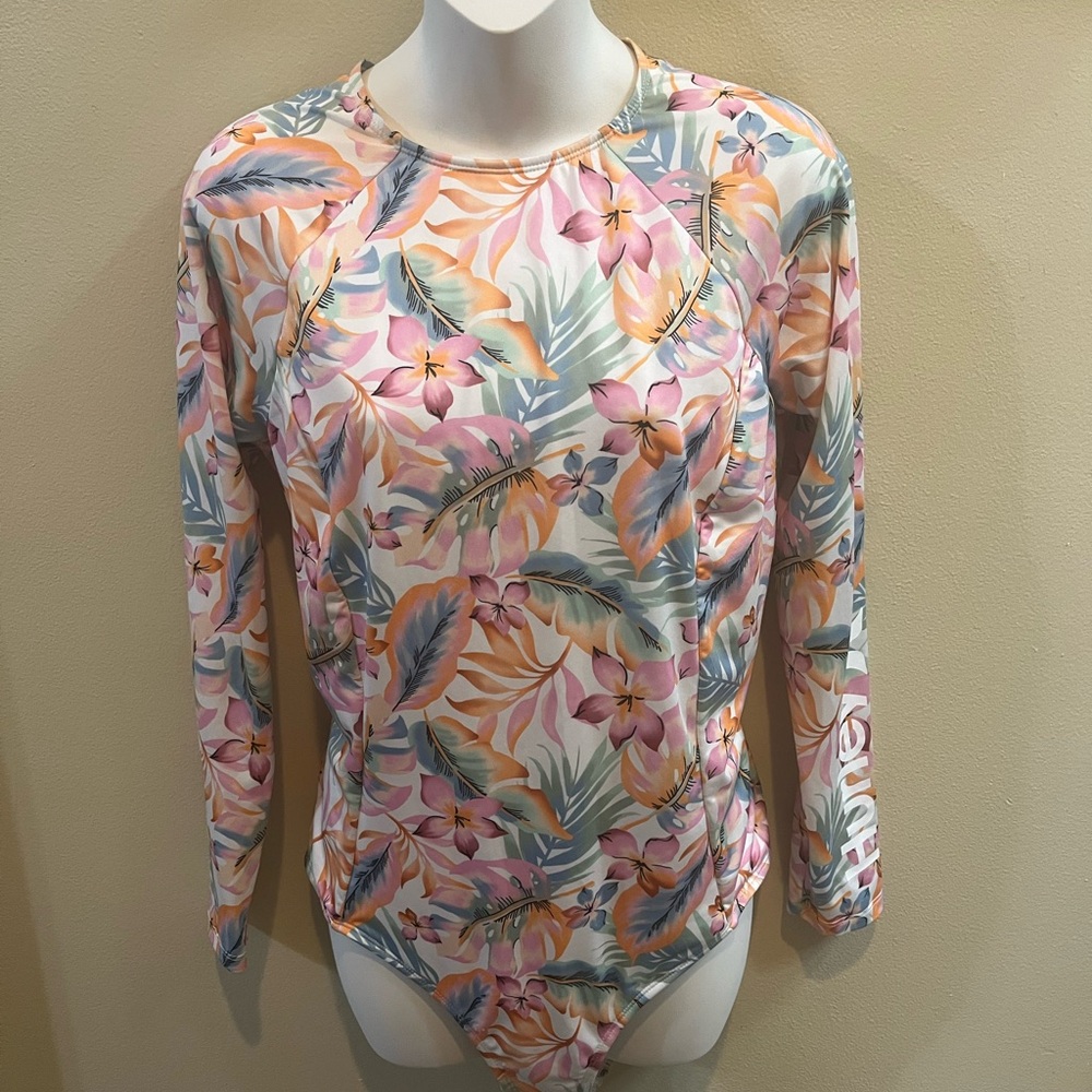 HURLEY Floral Long Sleeve Rash Guard one piece Swimsuit